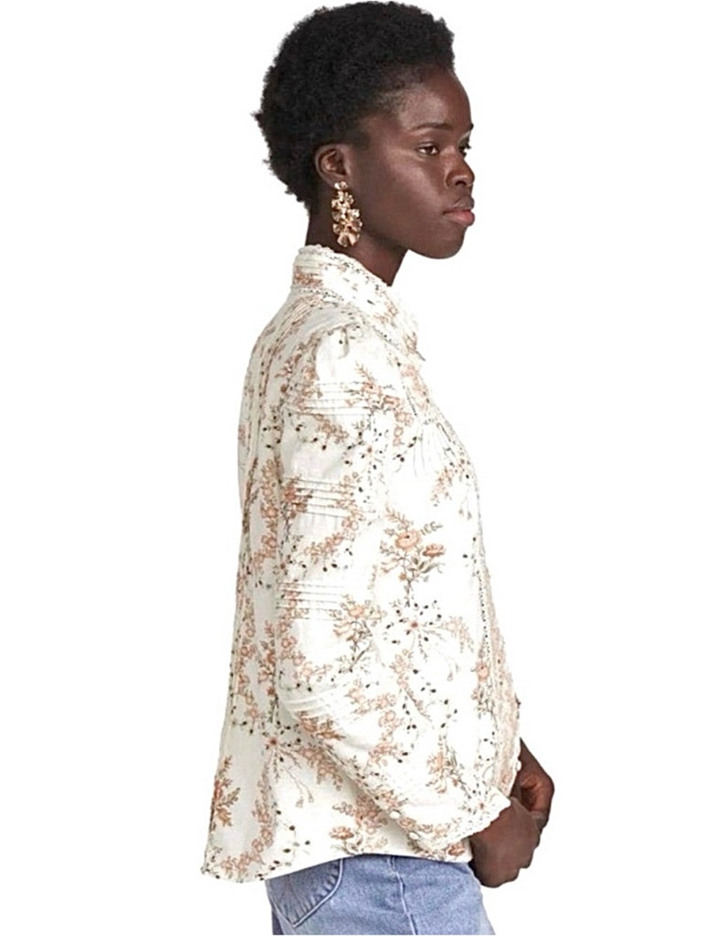 LoveShackFancy Laredo Pintuck Lace Cotton Blouse Ivory Pink Floral Size Medium - Picture 4 of 11